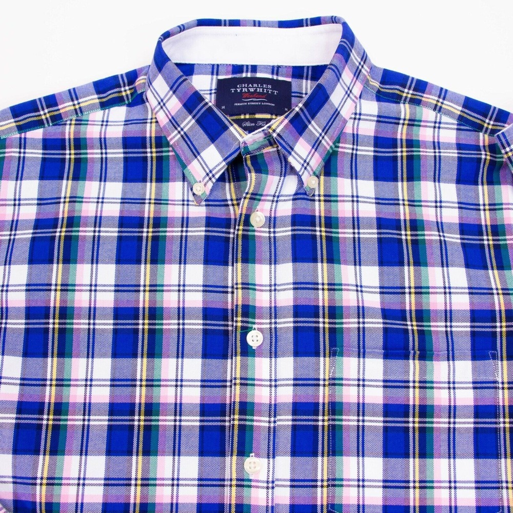 Charles Tyrwhitt Slim Fit Mens M Blue Plaid Oxford LS Button Front Weekend Shirt - Picture 3 of 9
